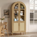 71" Tall Arched Cabinet with Glass Doors, Kitchen Pantry Storage Cabinet with Dust-Proof Rattan, 5-Tier Curio China Cabinet with Adjustable Shelves for Living Room Dining Room, Oak