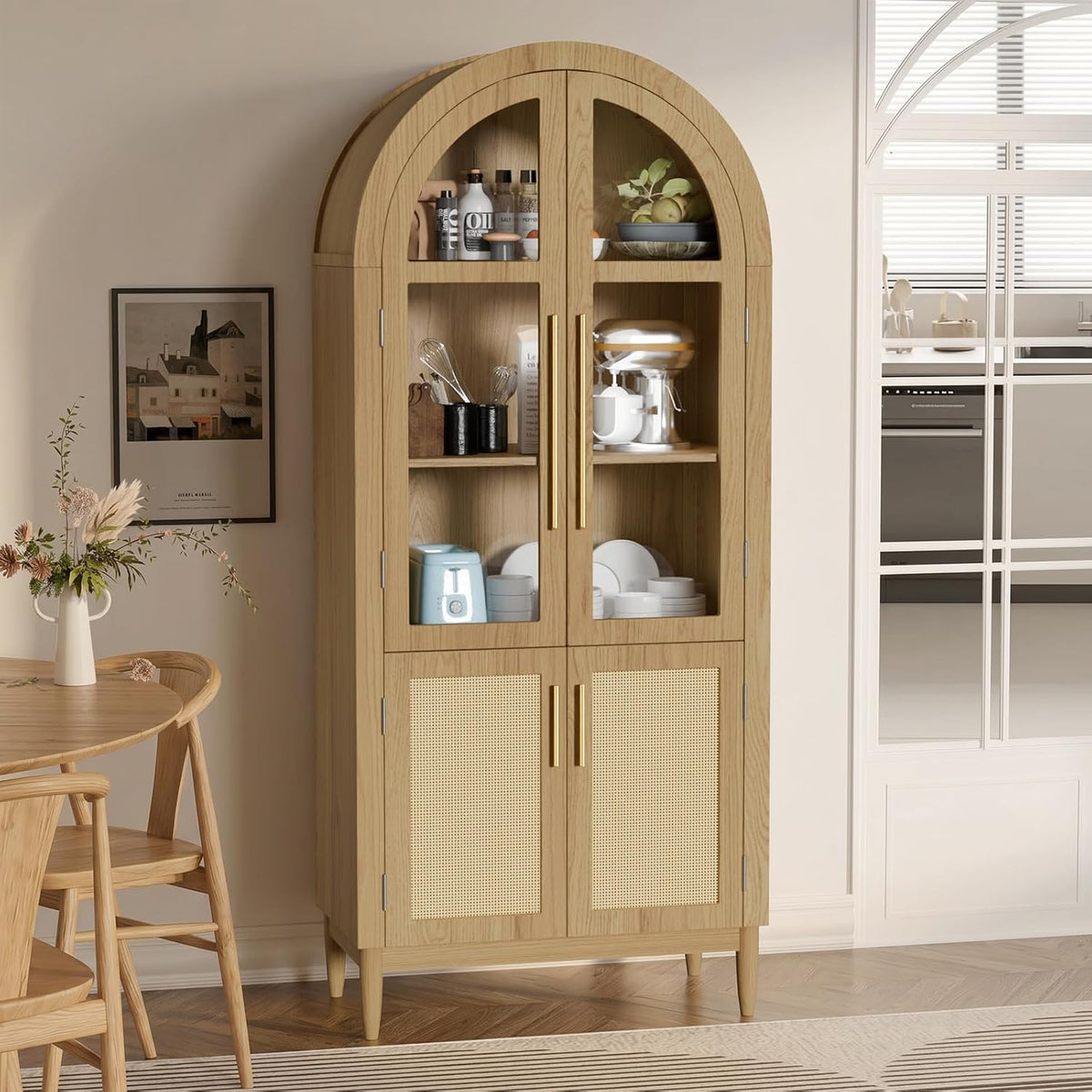 71" Tall Arched Cabinet with Glass Doors, Kitchen Pantry Storage Cabinet with Dust-Proof Rattan, 5-Tier Curio China Cabinet with Adjustable Shelves for Living Room Dining Room, Oak