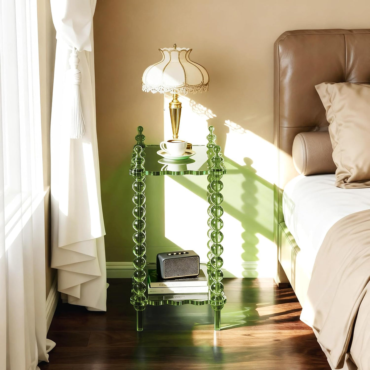 Acrylic Side Table 2-Tier, Clear Nightstand with Storage, Narrow Bedside End Table for Small Spaces (Green, 20.6"×10.4“×26”)