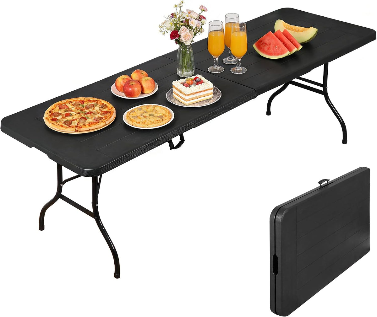 Portable Folding Table, Heavy Duty Plastic Event Picnic Table Indoor Outdoor Camping, 4FT with Handle Lock for Banquet, Black