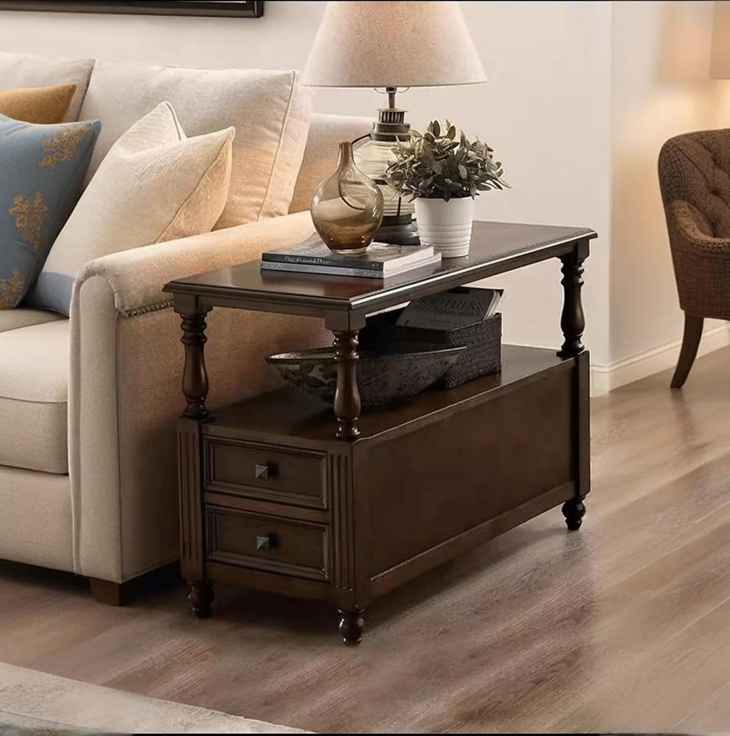 YUNMUARY-Solid Wood End Table with 2 Drawer Mid-Century Nightstand Narrow Side Tables with Storage Dark Walnut Side Tables for Living Room Small Space Sofa Side Table,Easy Assembly