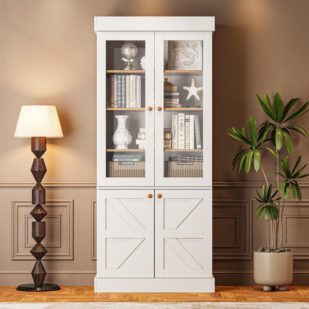71" Tall Farmhouse Kitchen Pantry, Rustic Large Storage Cabinet with Glass Doors, Adjustable Shelves, Wood Versatile Hutch Cabinet for Dining Room, Living Room, White 3 Pcs