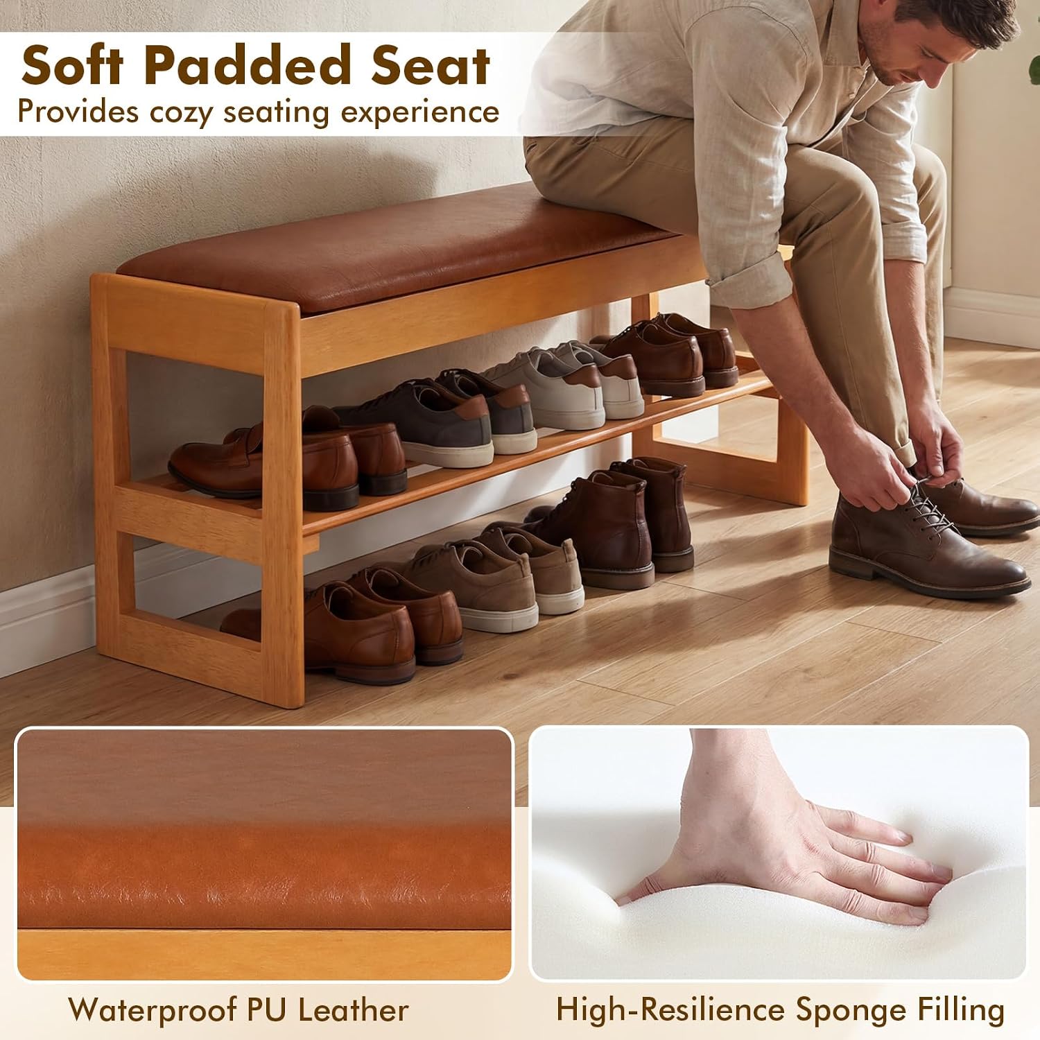 Giantex Shoe Rack Bench with Storage, Rubberwood Entryway Bench with Faux Leather Seat Cushion, Flip-Open Storage, 2-Tier Modern Shoe Rack Organizer for Entryway, Living Room, Bedroom (Brown)