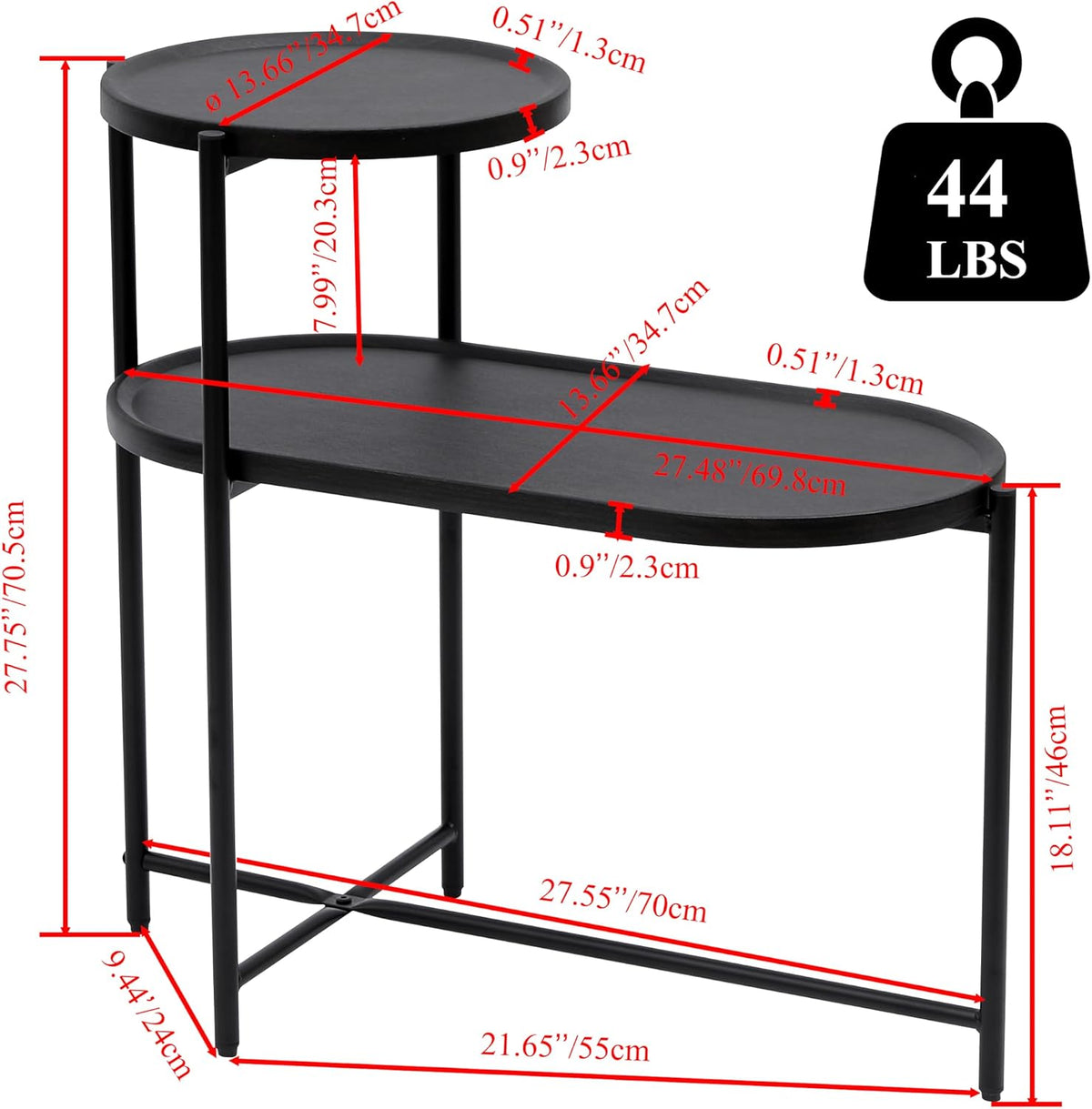 2 Tier Oval Side Table, Modern X-Leg End Table with Round Storage Tray, Black Metal Frame & Wooden Tabletop Design for Living Room, Bedroom & Office (Black)