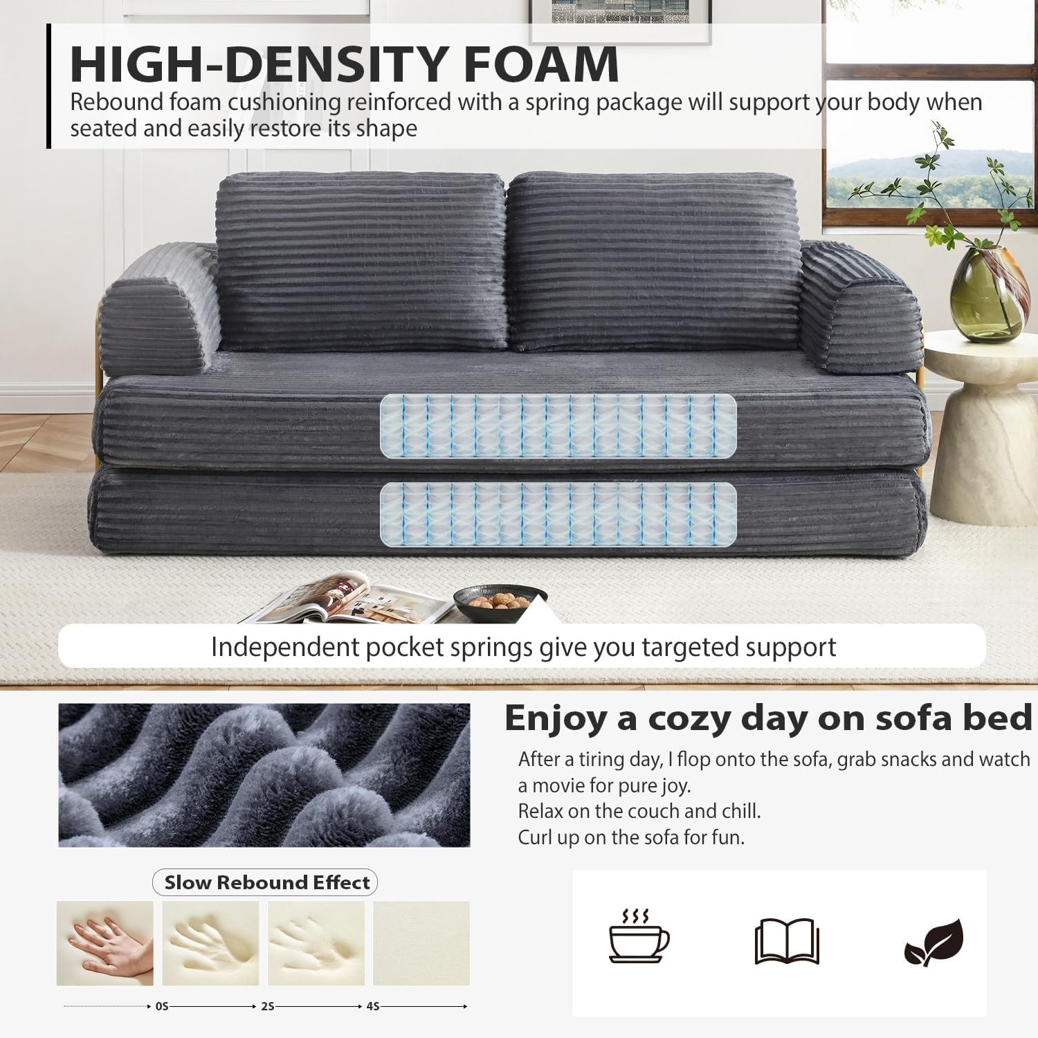 Convertible Folding Sofa Bed, Modern Futon Sleeper Sofa Fold Out Couch Bed with Gold Fixed Frame, Modular Floor Sofas Comfy Corduroy Couches for Living Room (80" Grey)