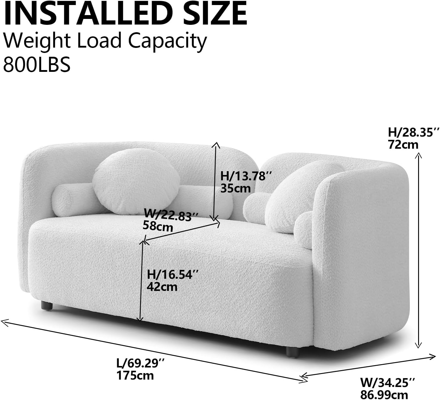 69" Compact Curved Sofa for Small Spaces & Apartments, Japandi Style Boucle Couch, Minimalist 2-Seater Sofa with Solid Wood Frame, Modern Living Room Couch with Pillows