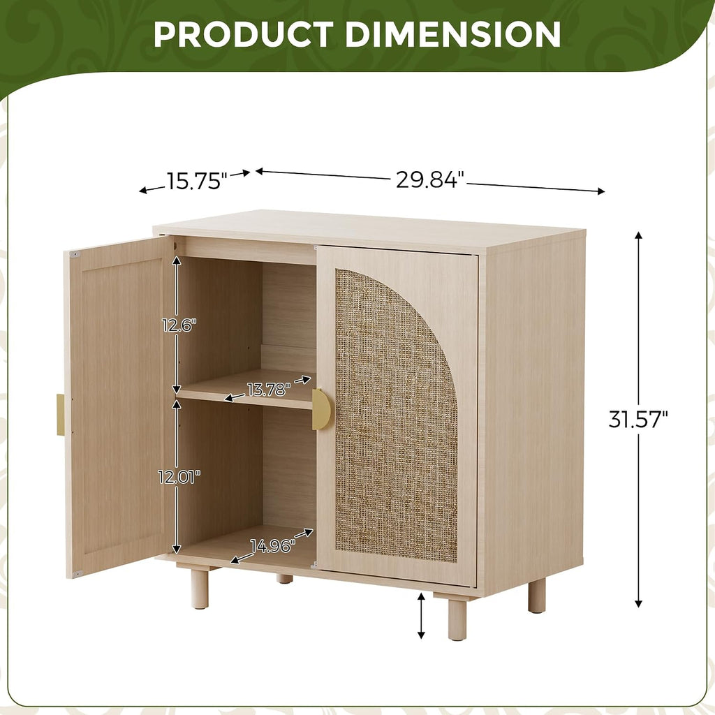 Rattan Sideboard Buffet Cabinet, Wood Storage Credenza Cabinet with Doors and Shelves, Boho Sideboard Cabinet with Curved Door for Living Room, Kitchen, Entryway, Beige
