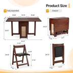 VINGLI 5-Piece Folding Dining Table Set, Extendable Drop Leaf Solid Wood Table with 4 Chairs, Drawers & Wheels, Space-Saving Design for Kitchen, Walnut