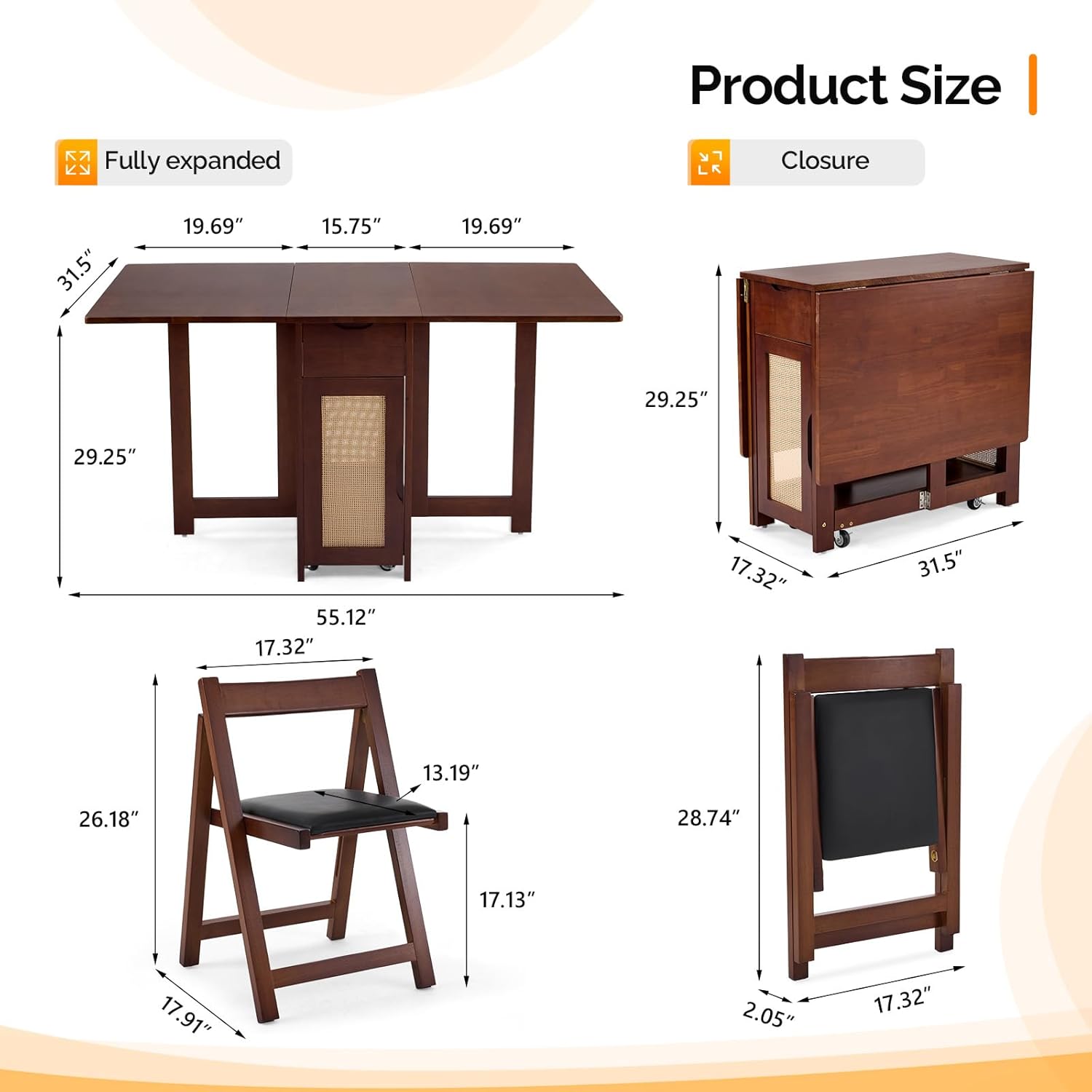 VINGLI 5-Piece Folding Dining Table Set, Extendable Drop Leaf Solid Wood Table with 4 Chairs, Drawers & Wheels, Space-Saving Design for Kitchen, Walnut