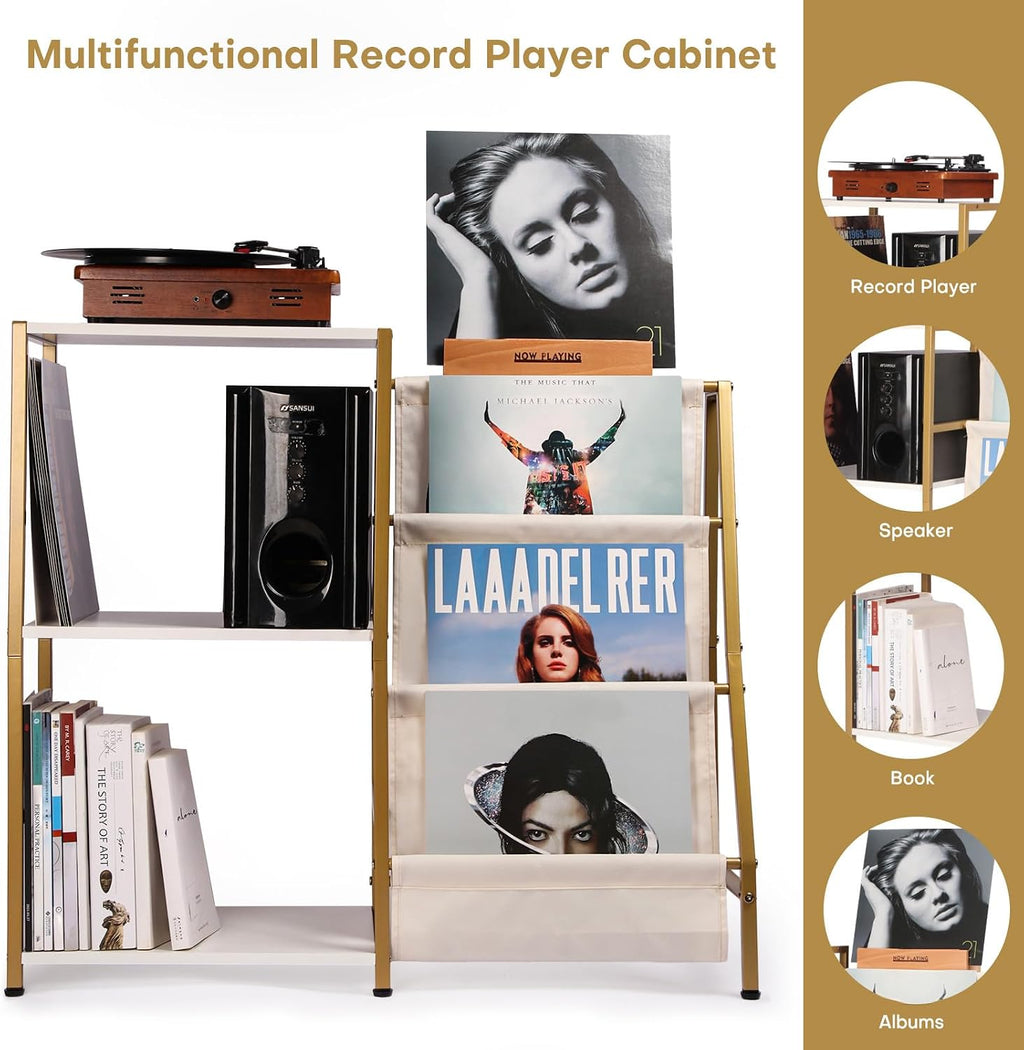 HYCFYJR Stand for Record Player, 3 Tier Vinyl Record Storage with Now Playing Holder, Turntable Stand, Vinyl Display with Speaker Storage for Living Room, Gold White