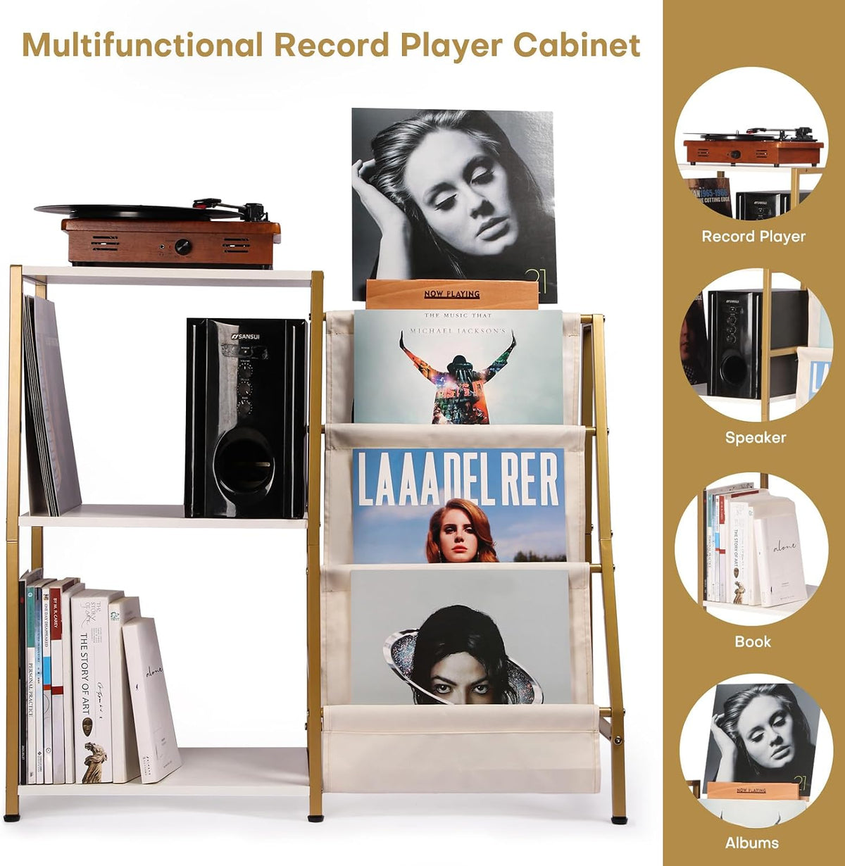 HYCFYJR Stand for Record Player, 3 Tier Vinyl Record Storage with Now Playing Holder, Turntable Stand, Vinyl Display with Speaker Storage for Living Room, Gold White