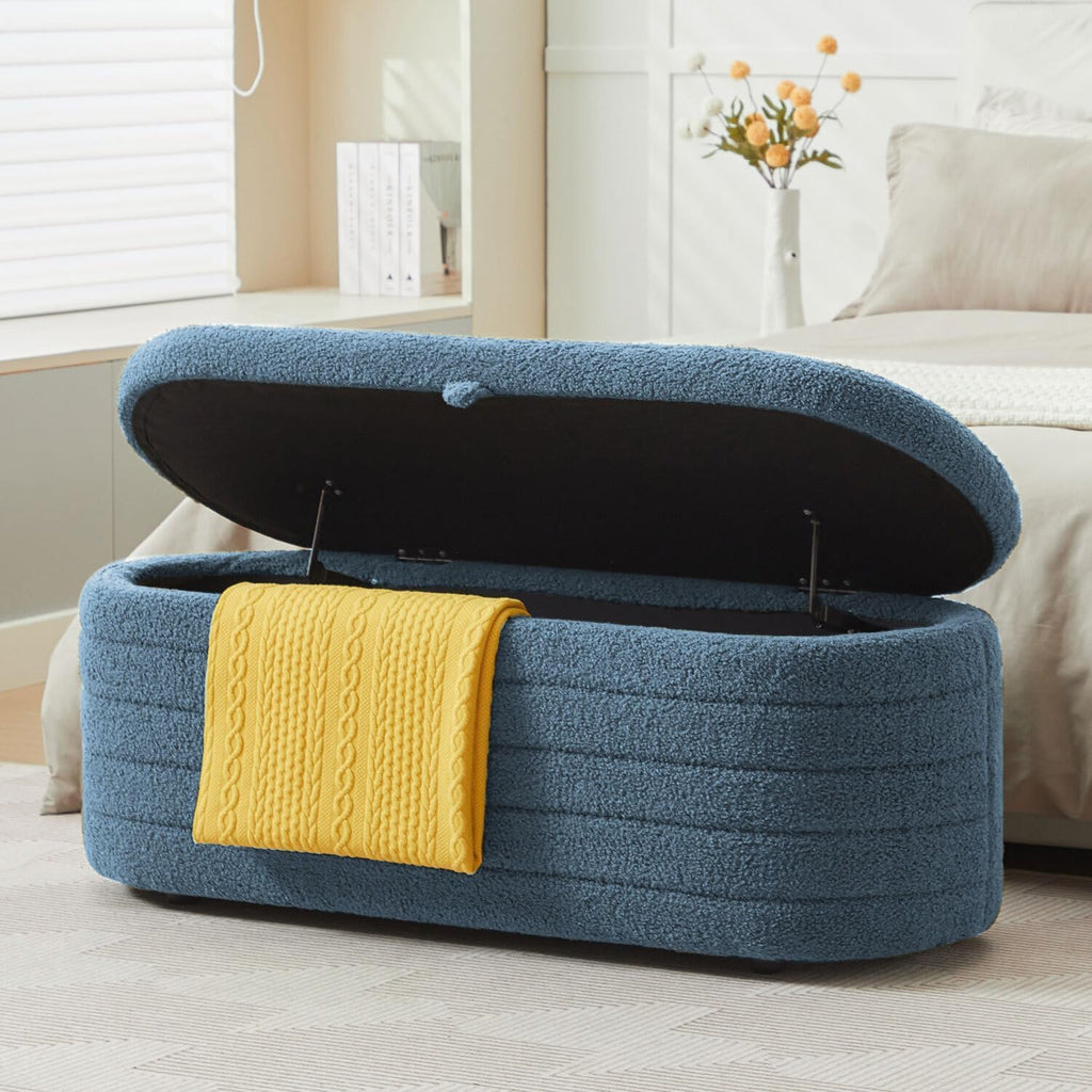 Storage Ottoman Bench End of Bed for Bedroom,45 inch Boucle Upholstered Entryway Shoe Seat Bench w/Storage,Sherpa Modern Padded Blanket Chest Stool Foot Rest for Living Room,Window Seating,Blue