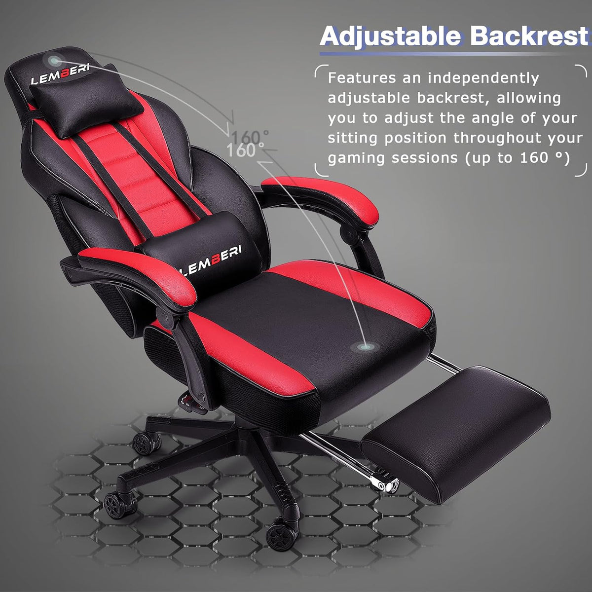 LEMBERI Big and Tall Gaming Chair, 400lb Capacity, Red | Heavy-duty steel frame, wide seat & high back, PU leather, reinforced footrest, linkage armrests for PC desk & office