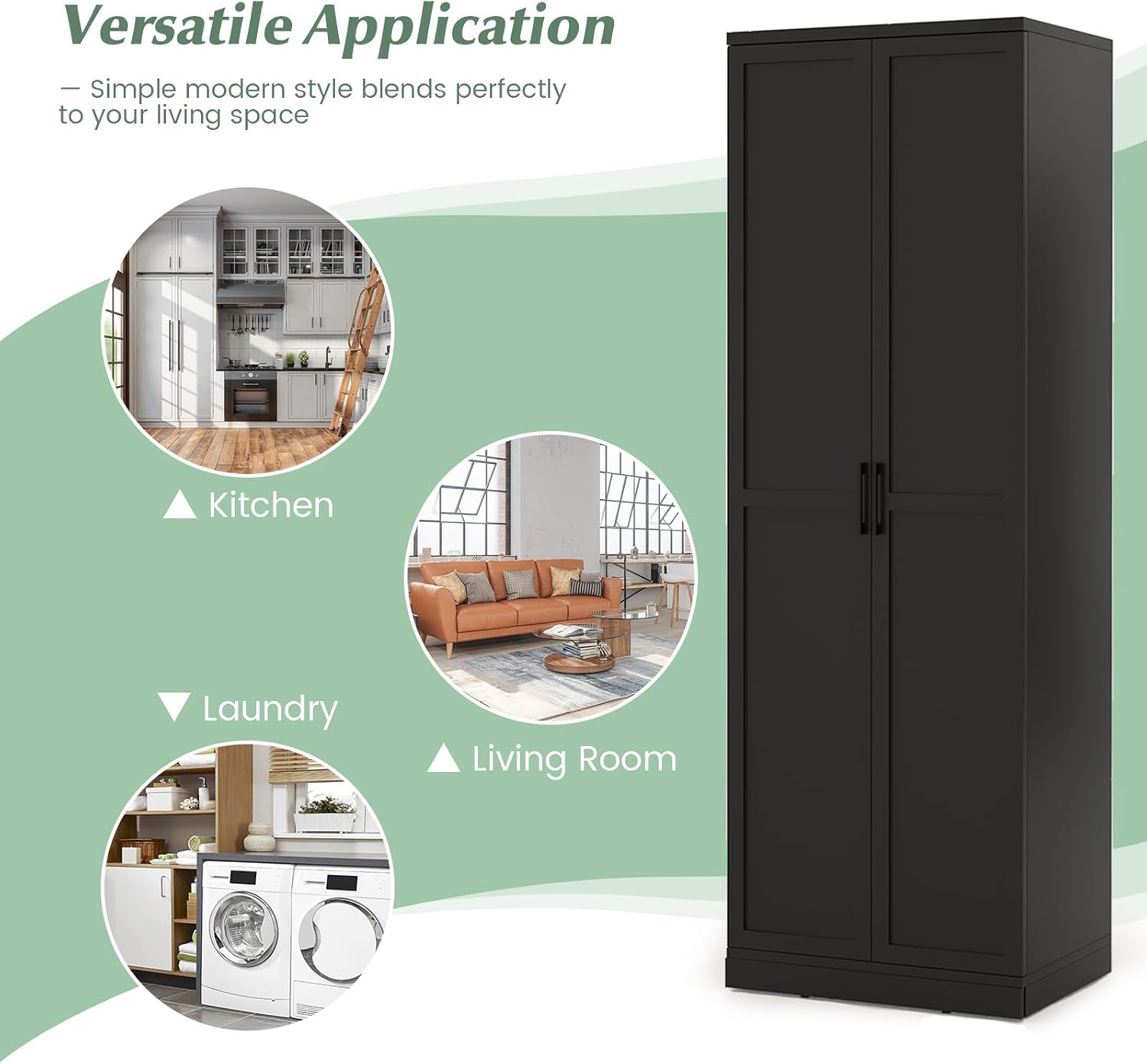 TANGZON Tall Kitchen Cupboard, 5-Tier Storage Cabinet with 2 Adjustable Shelves, Doors & Anti-tipping Device, Freestanding Wooden Tall Sideboard Unit for Pantry Dining Living Room (Black)