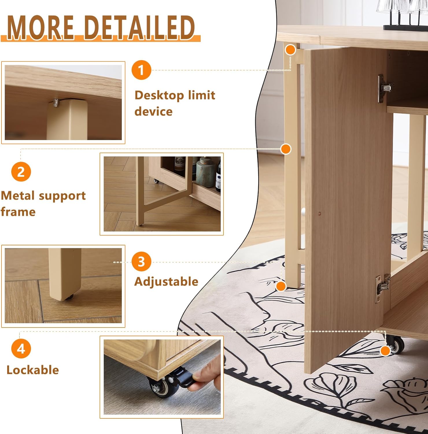 COMUHOME 47.3" Round Folding Dining Table for 4-8, Wood Kitchen Foldable Dining Table Large Drop Leaf Dinner Table with Storage Shelf Metal Legs for Home Dining Room Living Room in Wood Color