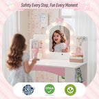 Girls Vanity with Lights, Kids Vanity Table and Chair Set for Princess, Toddler Makeup Vanity Desk with Open Bookshelf, Storage Cabinet & Side Shelves, Stools, White