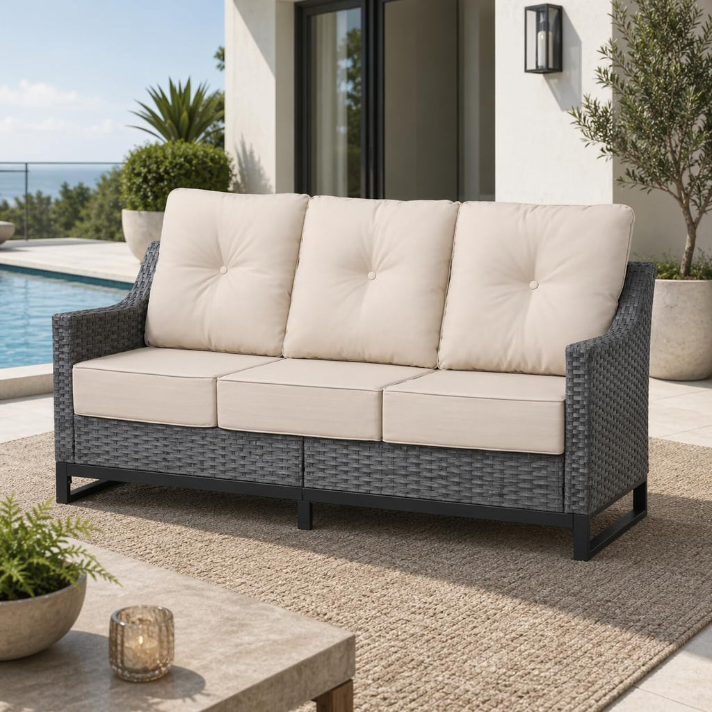 Outdoor Wicker 3-Seat Sofa, All-Weather PE Rattan Patio Couch with Cushions & Metal Frame for Backyard, Porch, Garden, Deck, Beige