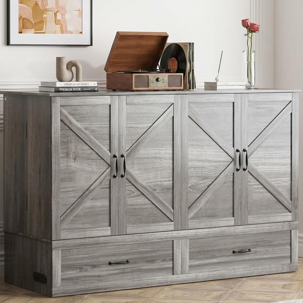 Mjkone 63" W Queen Murphy Bed, Cabinet Beds Queen Size with Built-in Charging Station and Drawer, Modern Cabinet Murphy Chest Bed, Hidden Guest Wall Beds, Space Saving - Grey (No Mattress)
