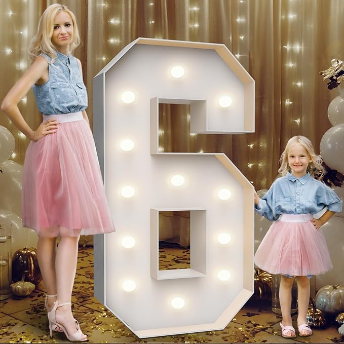 4FT Marquee Light Up Numbers 6,Party Decoration Large Marquee Light Up Letters with Weighted Water Bag,Pre-cut Foam Board Set Can Be Used for Birthdays,Weddings,Baby Anniversaries