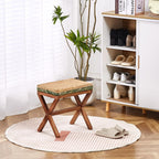 Natural Seagrass Ottoman Footstool with Solid Wood Legs – Handwoven Rectangular Foot Rest for Living Room, Patio & Balcony