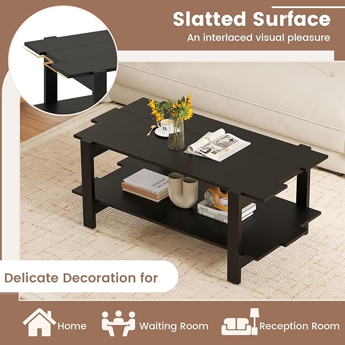 Giantex Coffee Table with Storage, 45 Inch Modern Center Table with Slatted Design & Side Rail Support, Rectangular Living Room Table for Small Spaces, Black