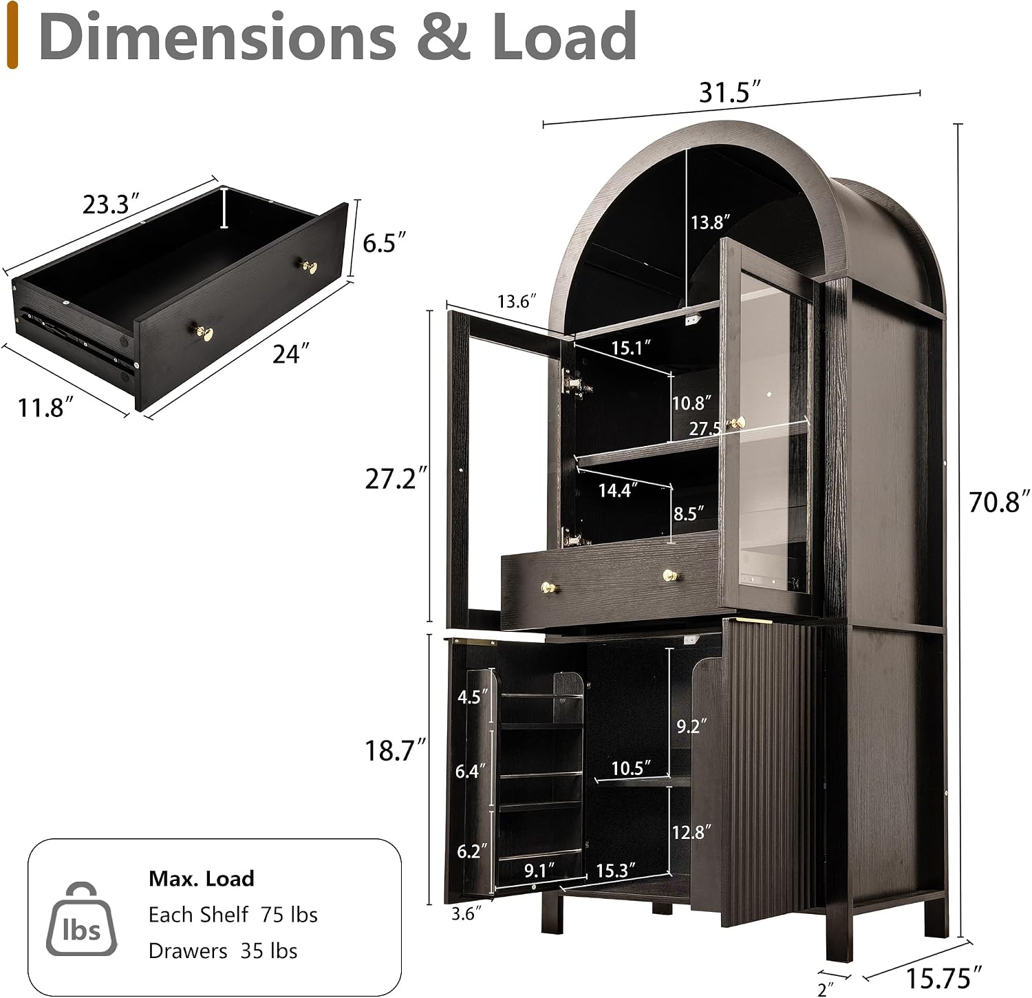 71" Fluted Arched Glass Door Cabinet, Tall Display Cabinet with Adjustable Shelves & Hidden Drawer, Soft Close China Hutch for Kitchen, Dining Room, Living Room (Black)