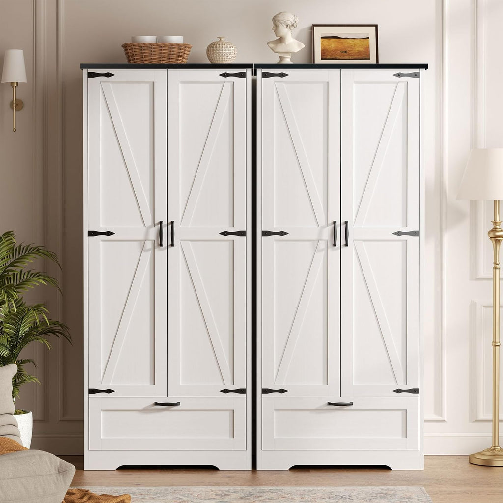 Vongrasig Kitchen Pantry Storage Cabinet with Barn Doors, Drawer and Adjustable Shelves, 4-Tier Tall Rustic Wood Cupboard Locker for Kitchen, Dining Room, Living Room, Bathroom, (White)