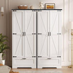 Vongrasig Kitchen Pantry Storage Cabinet with Barn Doors, Drawer and Adjustable Shelves, 4-Tier Tall Rustic Wood Cupboard Locker for Kitchen, Dining Room, Living Room, Bathroom, (White)