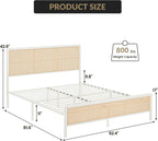 GAOMON Queen Size Rattan Bed Frame with Headboard, Modern Style Cane Boho Bed Frames with Heavy Duty Sturdy Steel Slat Support, No Box Spring Needed, White