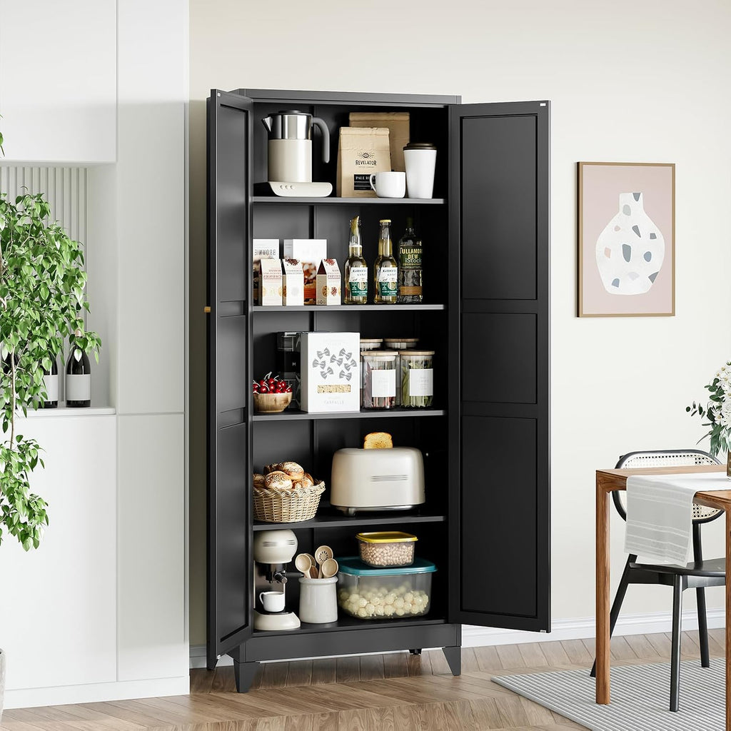 STANI 74.8" H Tall Kitchen Cabinet, Black Metal Pantry Storage Cabinet, 4 Adjustable Shelves, Kitchen Pantry Storage for Dining Room, Living Room, Bathroom 74.8" H x 15.7" D x 31.5" W