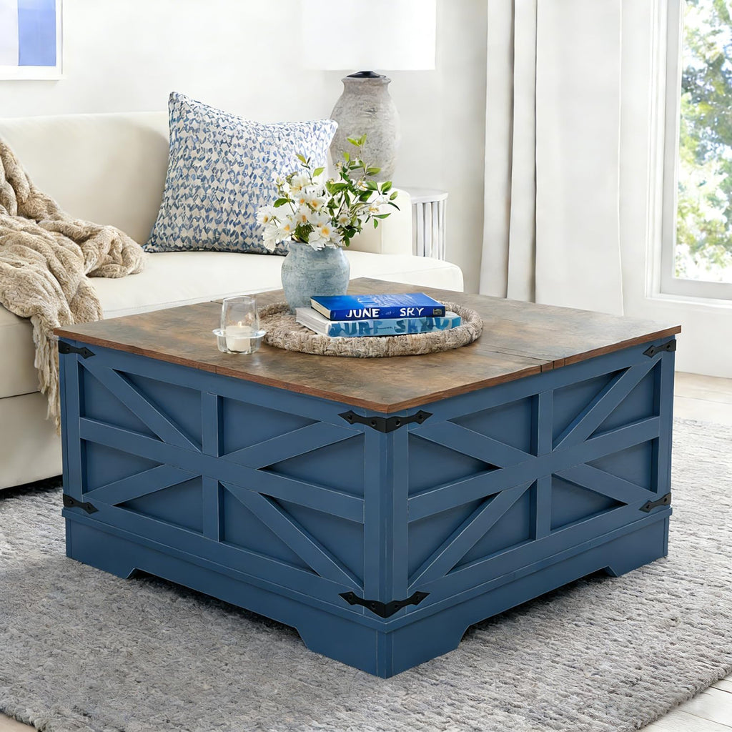 Farmhouse Coffee Table Set of 3, 1 Lift Top Coffee Table with Sliding Barn Doors and 2 End Tables with Charging Station, Living Room Table Set for Home Office, Blue