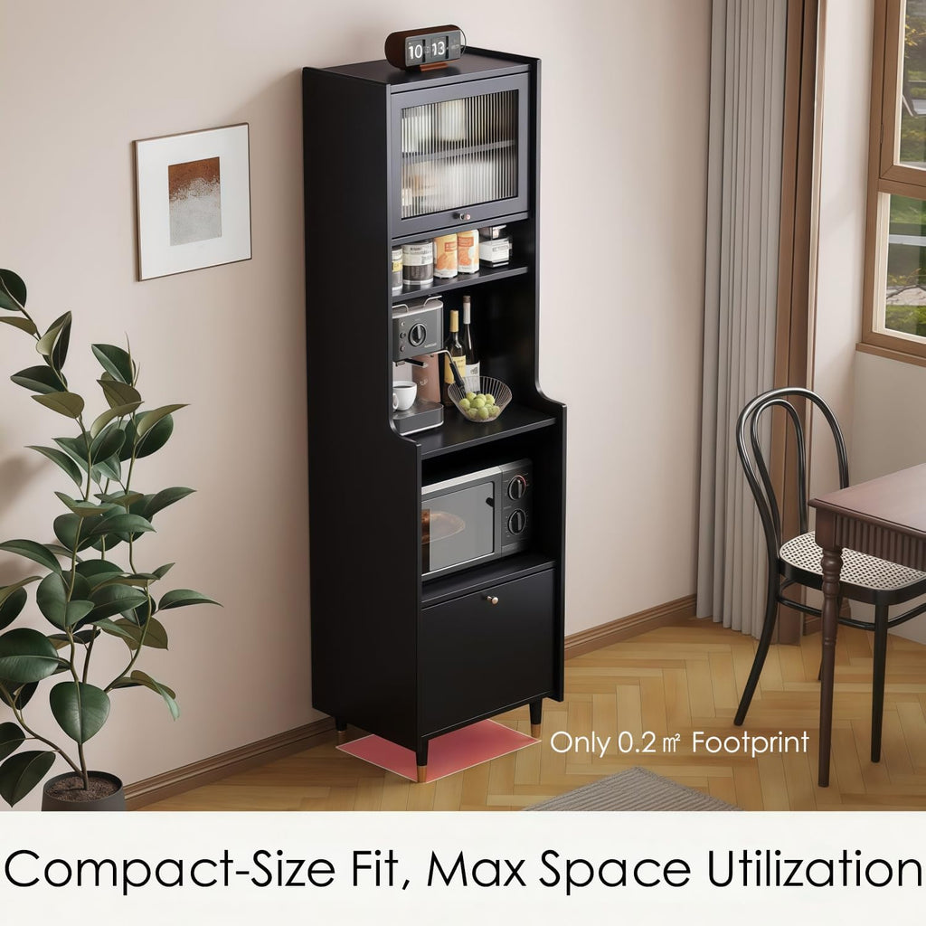 Kavie Solid Wood Kitchen Pantry Cabinet, Narrow Tall Sideboard with Acrylic Doors & Appliance Space, Modern Vintage Tea Station (Black,19.6" L*15.7" W*68.5" H)