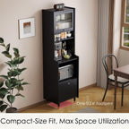 Kavie Solid Wood Kitchen Pantry Cabinet, Narrow Tall Sideboard with Acrylic Doors & Appliance Space, Modern Vintage Tea Station (Black,19.6" L*15.7" W*68.5" H)