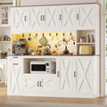 70.87" Kitchen Pantry Cabinet with LED Lighting & Charging Station, Farmhouse Storage Cabinet with X Barn Doors, Pull-Out Shelf & Adjustable Shelves, Coffee Bar Pantry for Dining Room, White