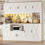 70.87" Kitchen Pantry Cabinet with LED Lighting & Charging Station, Farmhouse Storage Cabinet with X Barn Doors, Pull-Out Shelf & Adjustable Shelves, Coffee Bar Pantry for Dining Room, White