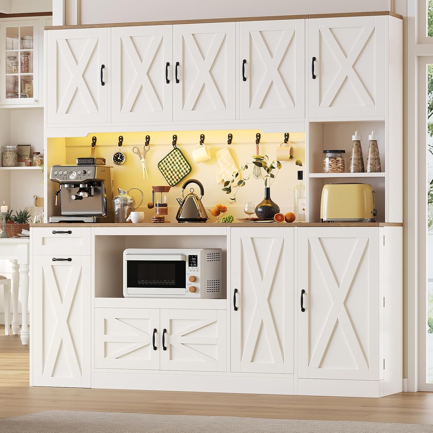 70.87" Kitchen Pantry Cabinet with LED Lighting & Charging Station, Farmhouse Storage Cabinet with X Barn Doors, Pull-Out Shelf & Adjustable Shelves, Coffee Bar Pantry for Dining Room, White
