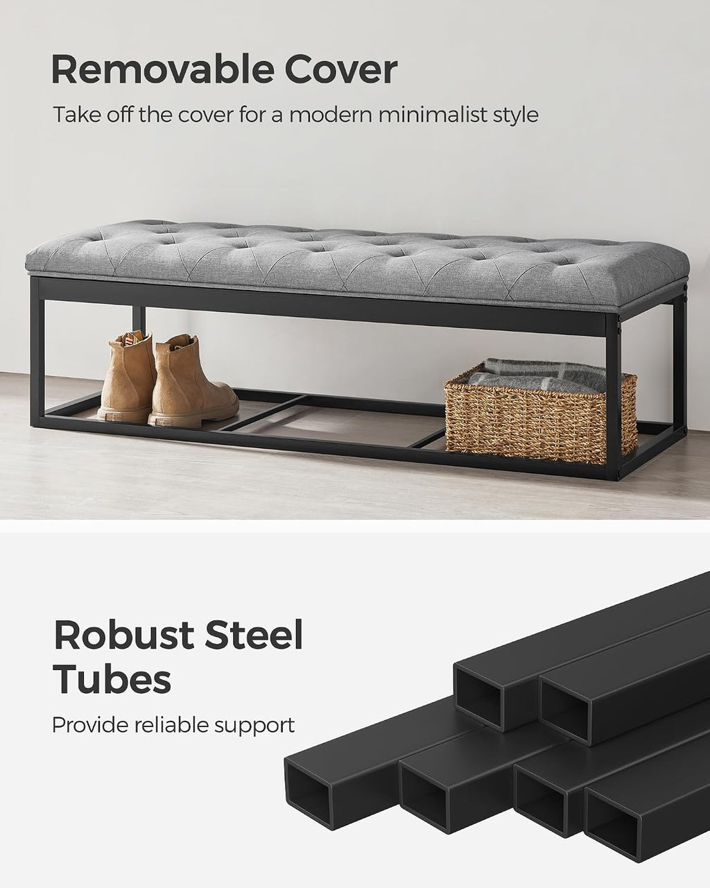 SONGMICS Storage Ottoman Bench, Foot Rest with Legs, Load up to 661.4 lb | End of Bed Bench, Storage Chest, 43.3 x 15.8 x 15.8 Inches, Dove Gray and Ink Black, MELISA Collection ULSF088G02