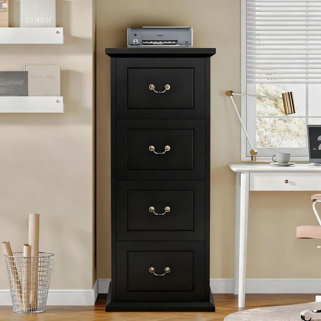 Tribesigns 4-Drawer File Cabinet for A4/Letter/Legal Files, Black | Tall Wooden Filing Cabinet, Vertical File Storage Printer Stand with Hanging Rails for Home Office, Modern Vintage Style