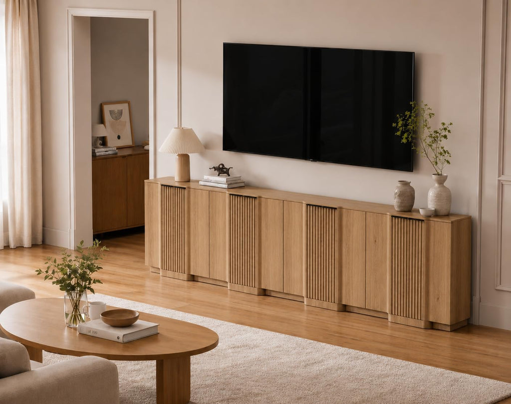 Yechen Buffet Cabinet with Storage, 55" Accent Sideboard Modern Credenza with Doors & Adjustable Shelves Fluted Media Console Wood Coffee Bar Table for Living Kitchen Dining Room