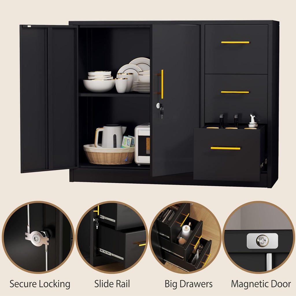 pozdeg Buffet Sideboard Cabinet with Storage, 36.61" H Kitchen Storage Pantry Cabinet with 3 Drawers, Metal Cupboard Coffee Bar Station Table for Kitchen, Living Room, Dining Room (Black)