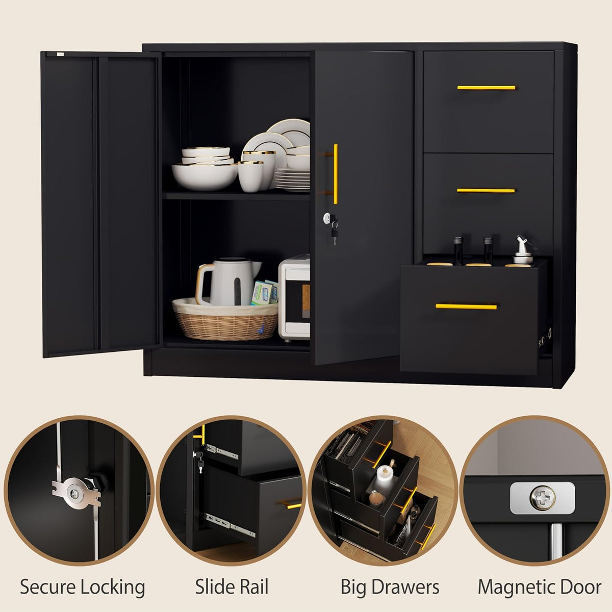 pozdeg Buffet Sideboard Cabinet with Storage, 36.61" H Kitchen Storage Pantry Cabinet with 3 Drawers, Metal Cupboard Coffee Bar Station Table for Kitchen, Living Room, Dining Room (Black)