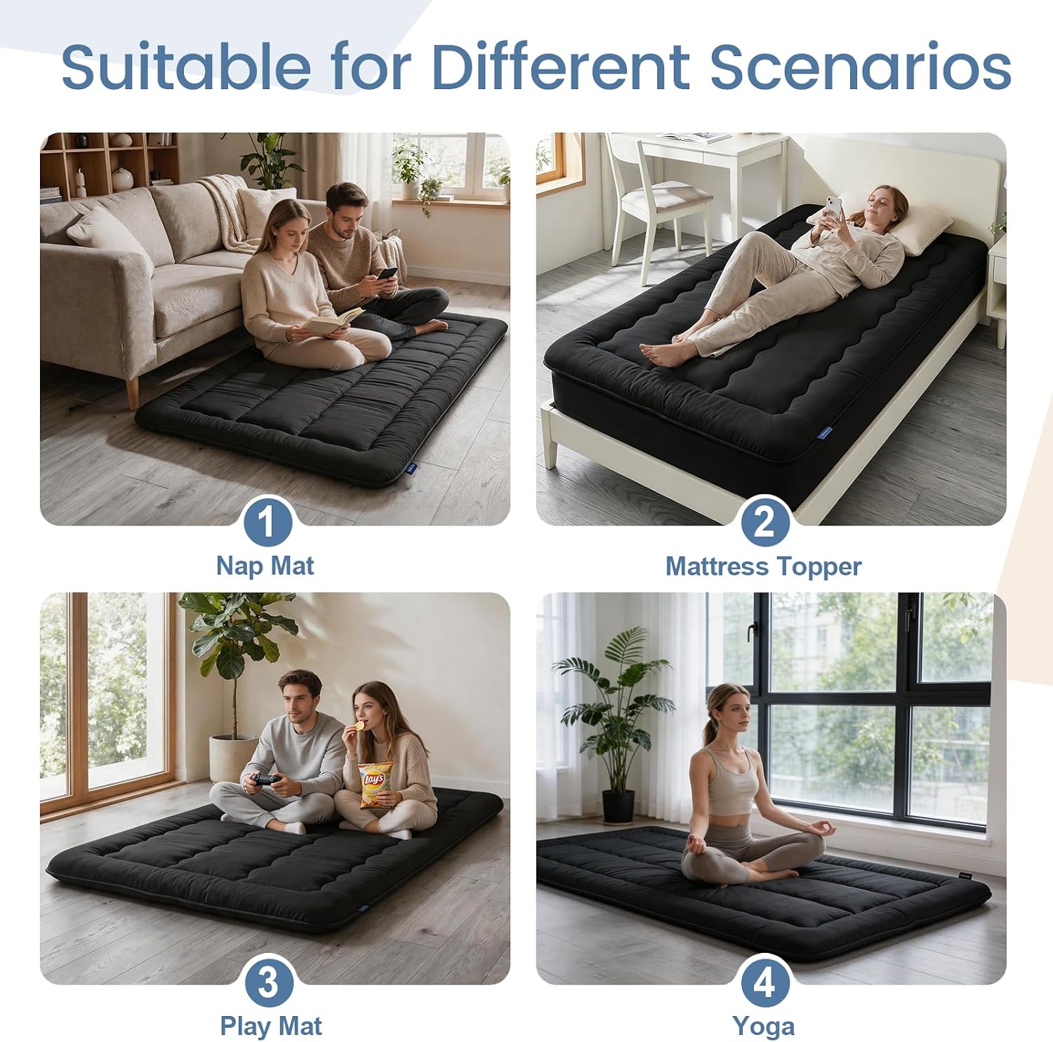 Twin Size Japanese Futon Mattress Foldable Topper Mattress for Floor Tatami Floor Mat Portable Roll-Up Bed for Guest Play mat Sleeping Pad Black B