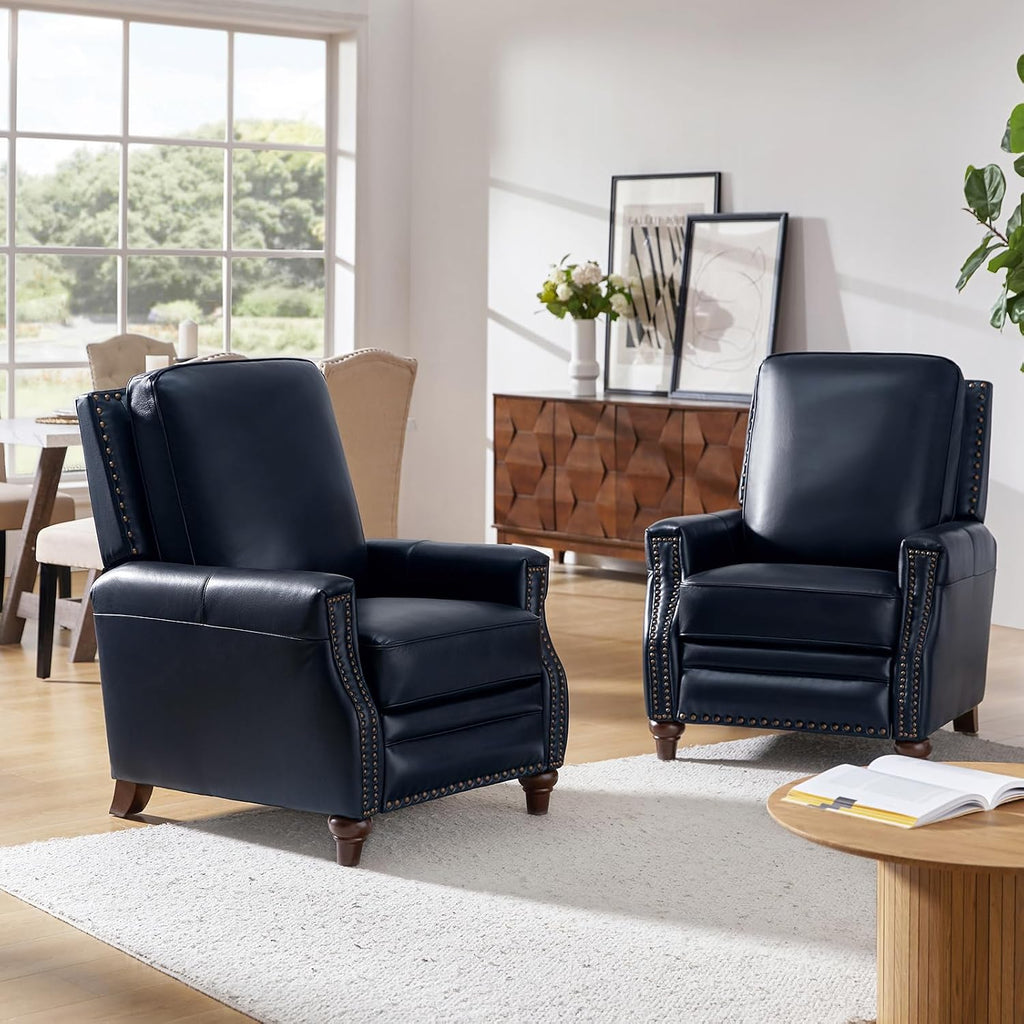 HULALA HOME Genuine Leather Manual Recliners Set of 2 with Wood Legs, Navy | Mid Century Modern Push Back Recliner with Nailhead Trim, Adjustable Backrest & Footrest, for Living Room Home Theater