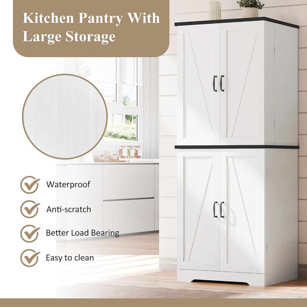 Vongrasig Kitchen Pantry Storage Cabinet with Barn Doors, Drawer and Adjustable Shelves, 6-Tier Tall Rustic Wood Cupboard Locker for Kitchen, Dining Room, Living Room, Bathroom, (White)