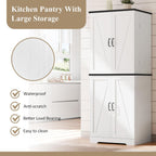 Vongrasig Kitchen Pantry Storage Cabinet with Barn Doors, Drawer and Adjustable Shelves, 6-Tier Tall Rustic Wood Cupboard Locker for Kitchen, Dining Room, Living Room, Bathroom, (White)