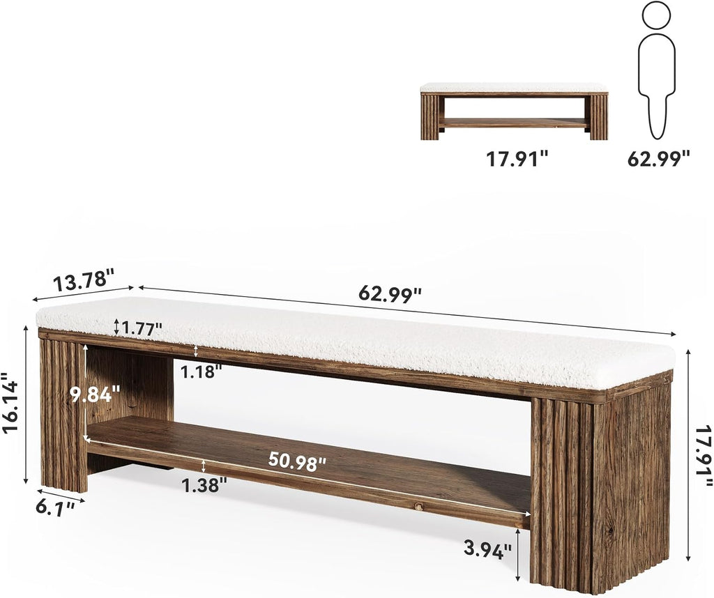63" Solid Wood Entryway Bench, Farmhouse Upholstered End of Bed Bench with Removable Faux Lambswool Cushion and Fluted Legs, Indoor Long Ottoman for Bedroom, Entryway, Dark Brown