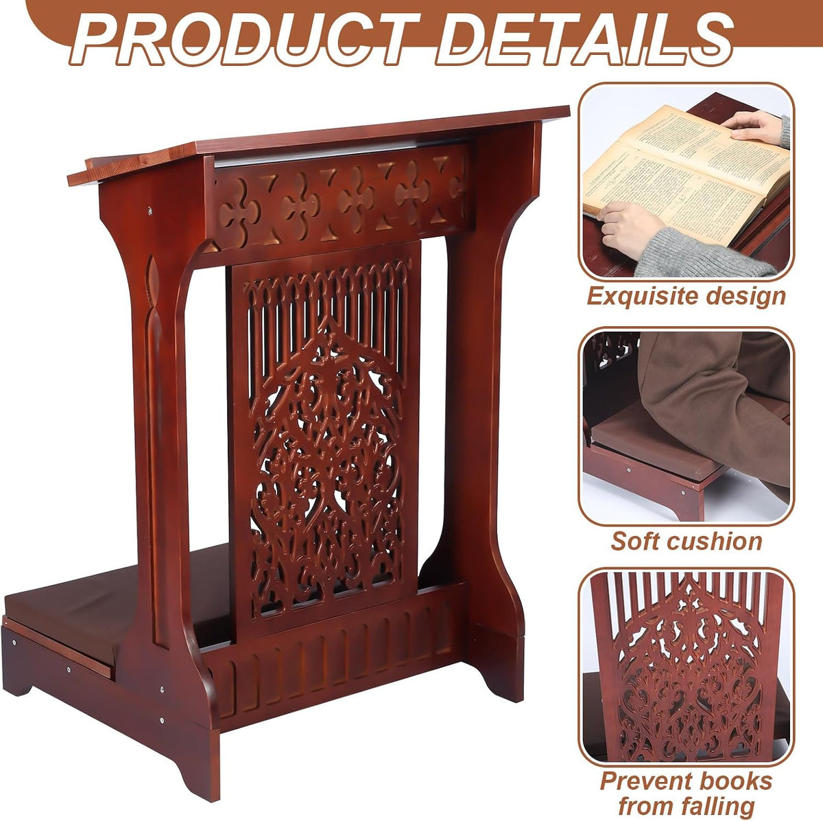Colingmill Tree of Life Church Prayer Bench Stool Wooden Padded Kneeler with Shelf and Cushion Prayer Kneeler for Home Church Religious Gifts, 24 x 22 x 32 inches(Walnut Color)
