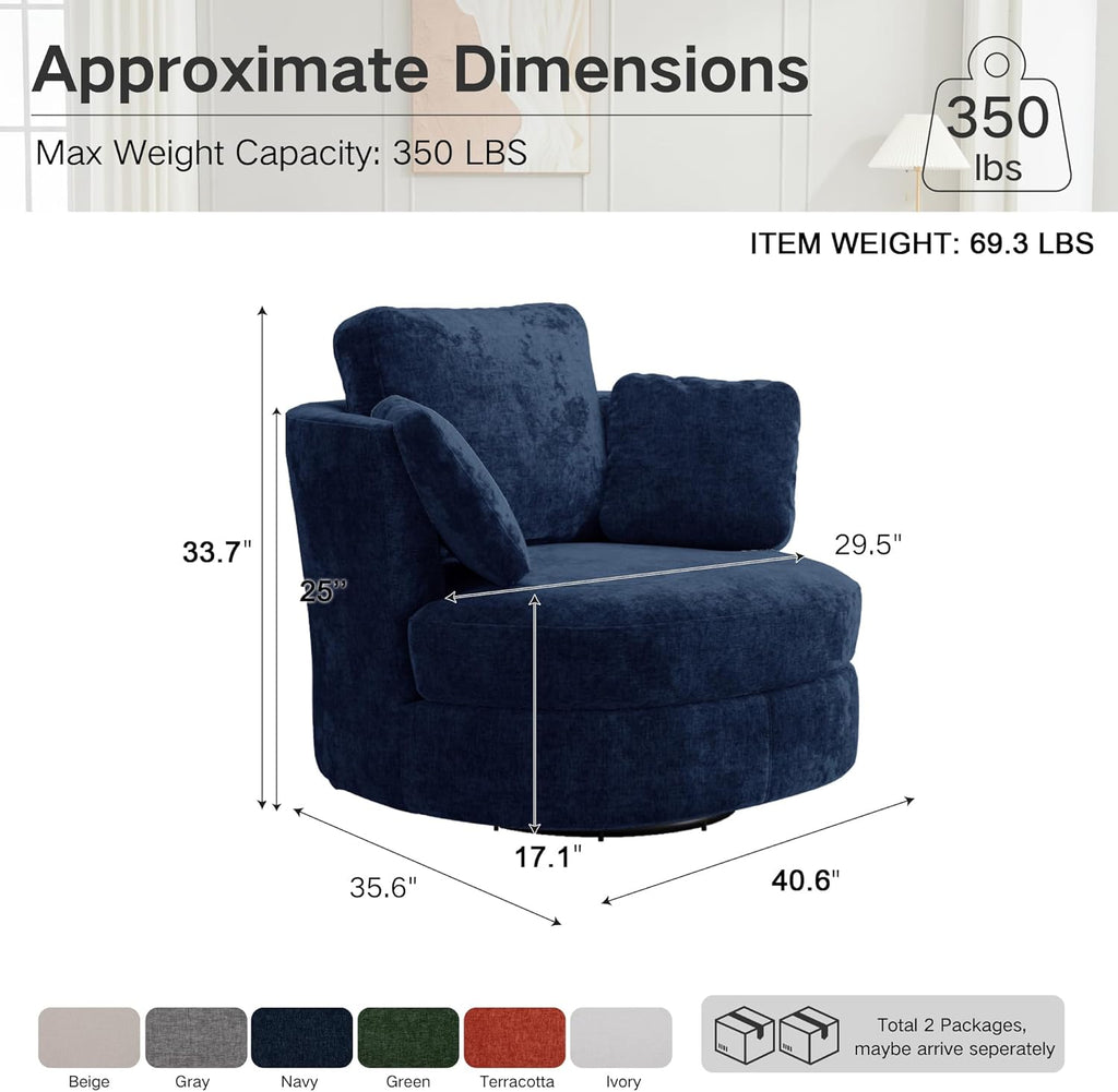 40.6''W Swivel Accent Barrel Chair, Chenille Upholstered Round Single Couch Sofa with 3 Pillows for Living Room, Apartment, Bedroom (Blue)