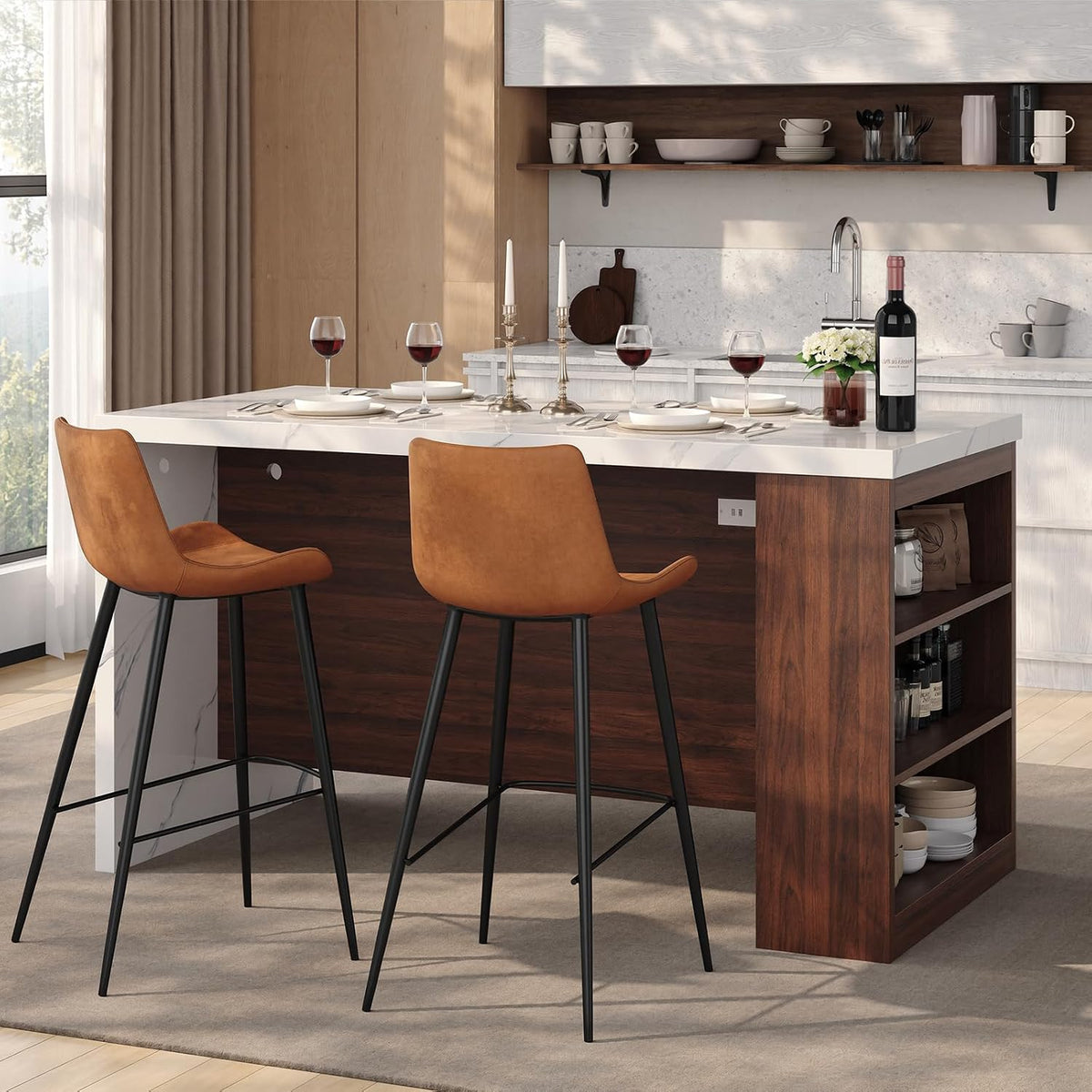 61" Kitchen Island Table with Storage, Counter Height Dining Table, Walnut | with Power Outlets, LED Lights, 3-Tier Side Storage, Faux Marble Top, Modern Stationary Kitchen Storage Islands for 4 Seats