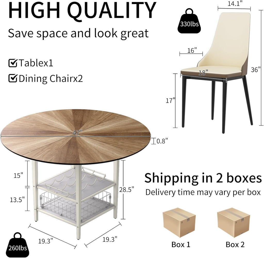 VFK 47'' Round Dining Table Set for 4-6, Farmhouse Kitchen Table with 4 Chairs & Storage Rack, Rustic Wood Dining Set with Sturdy Metal Base for Dining Room & Living Room